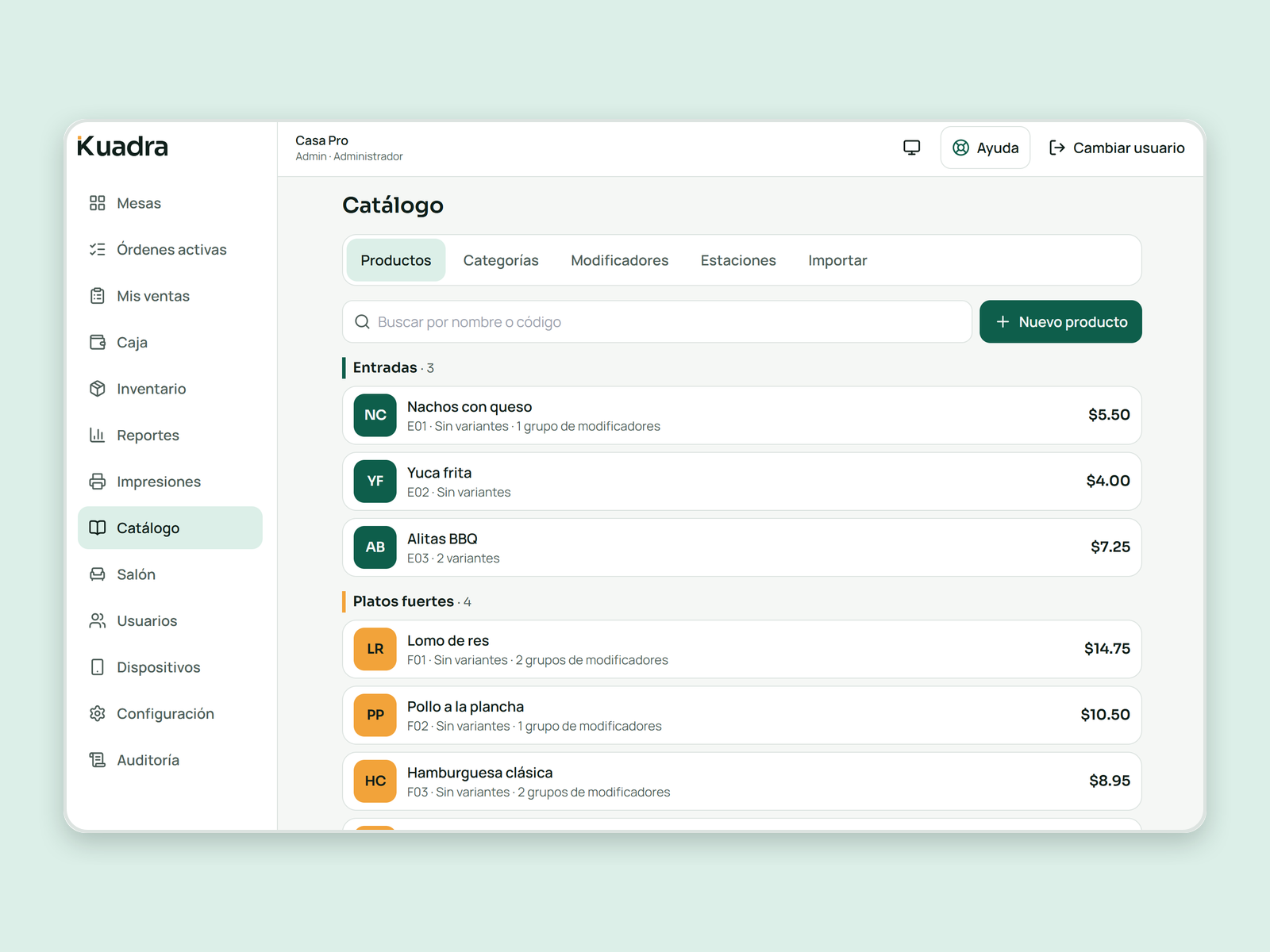 Catálogo de productos de Kuadra, base de las recetas del inventario