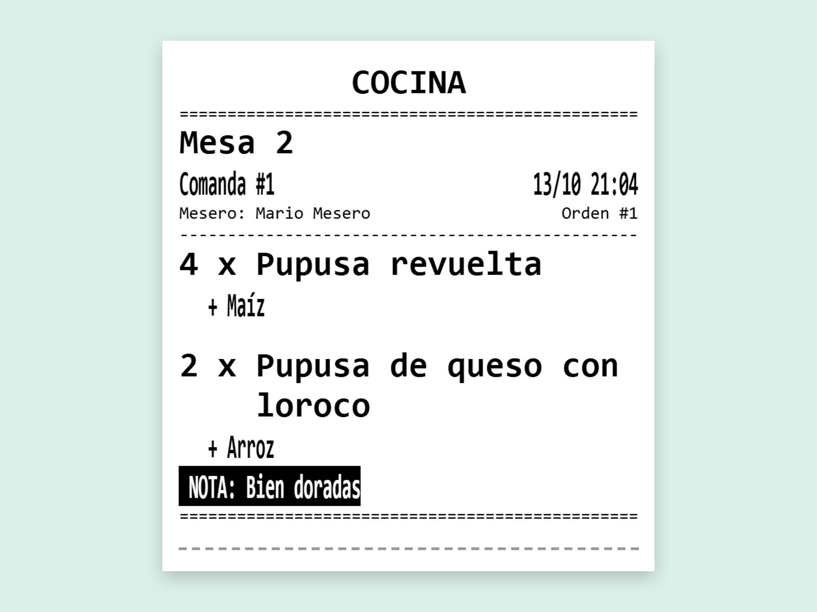 Comanda de cocina de Kuadra con mesa, mesero, modificadores y nota