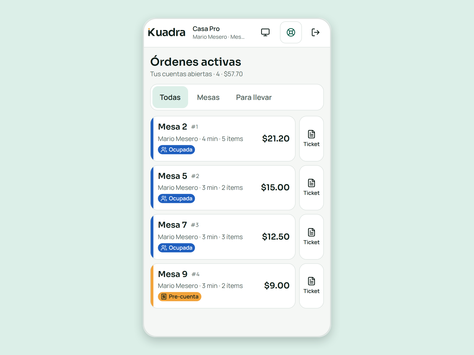 Órdenes activas en Kuadra con el total de cada cuenta en tiempo real