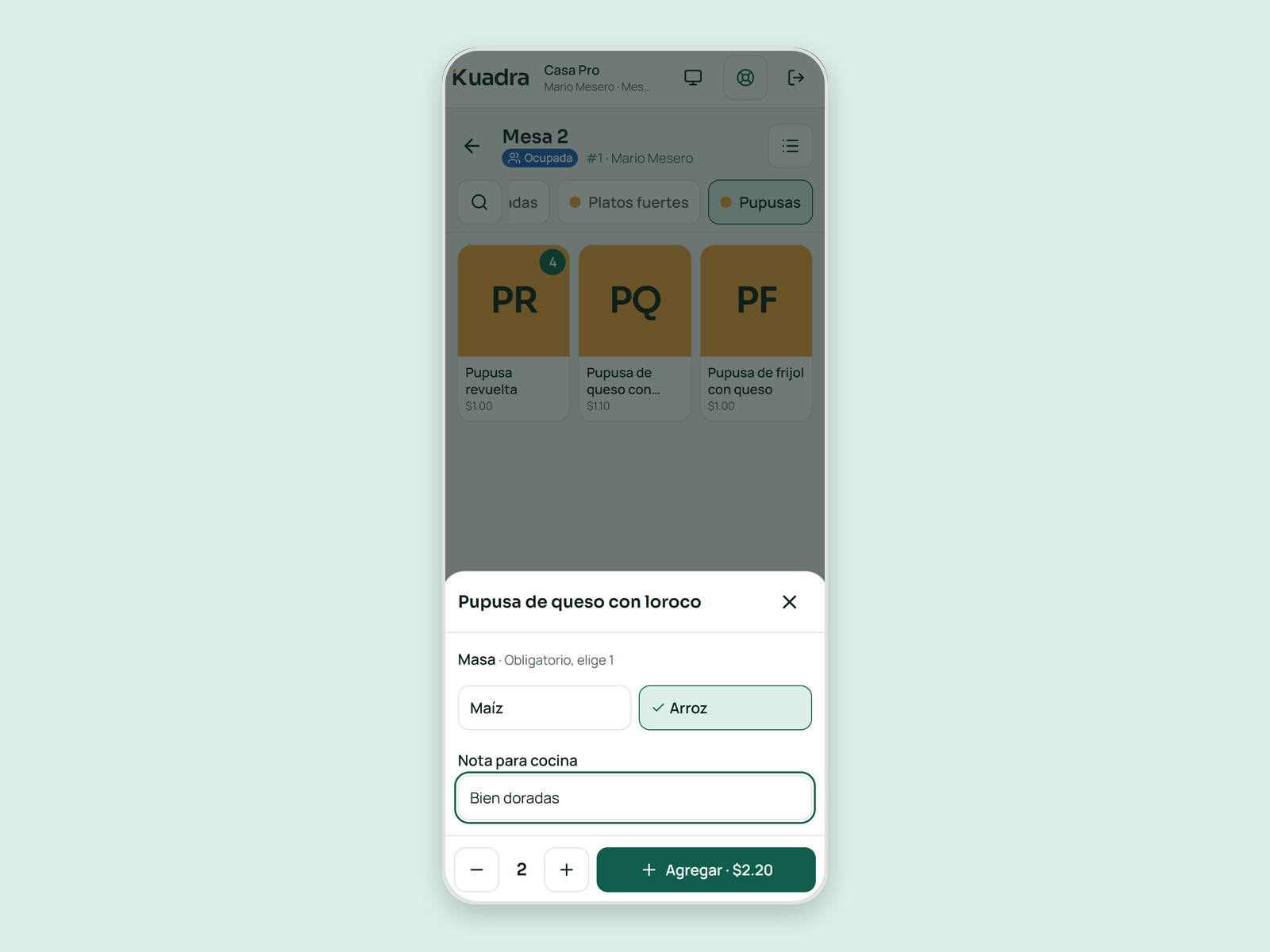 Elegir producto, opción y cantidad en una sola pantalla de Kuadra