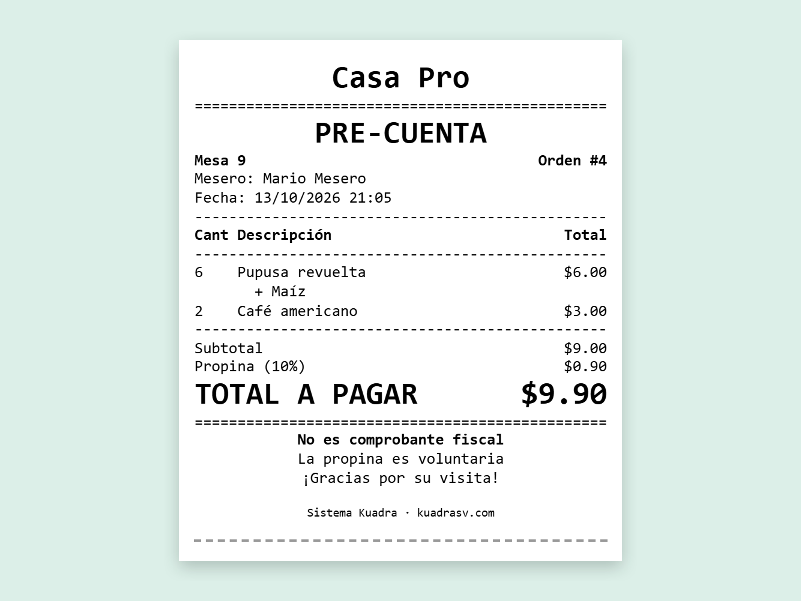 Pre-cuenta de Kuadra con subtotal, propina del 10% y total a pagar